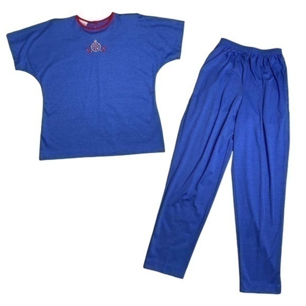 Vintage‎ 80s Barbara Gerwit Top and Bottom Set Blue SOS Embroidered Short Sleeve